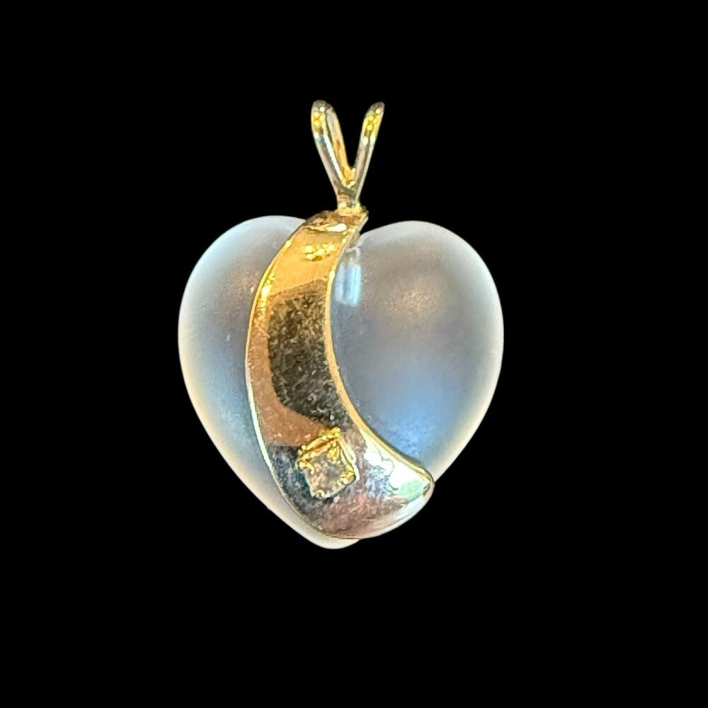 Amway Gold Tone Frosted Glass Heart Pendant With Clear Stone